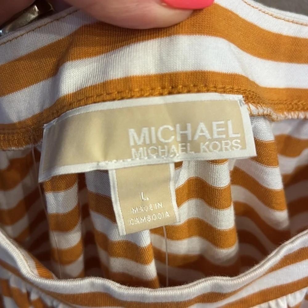 NWT Michael Kors yellow gold White Striped Tank Top cotton ruffle tank straps L